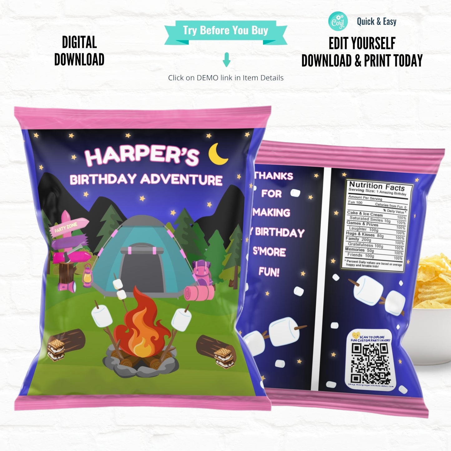 Pink Campfire Chip Bag Template for Kids Party | Editable Digital Download