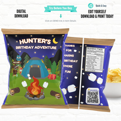 Editable Campfire Chip Bag Template for Birthday Party | Digital Download