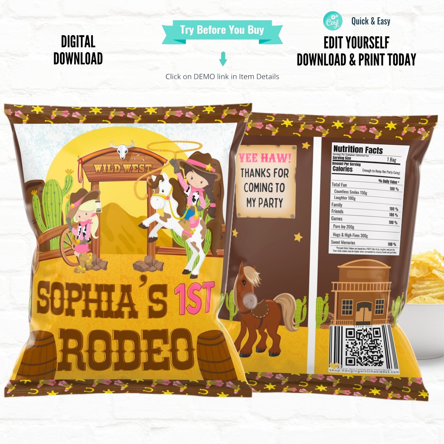 Western Cowgirl Personalized Chip Bags|Printable File  03