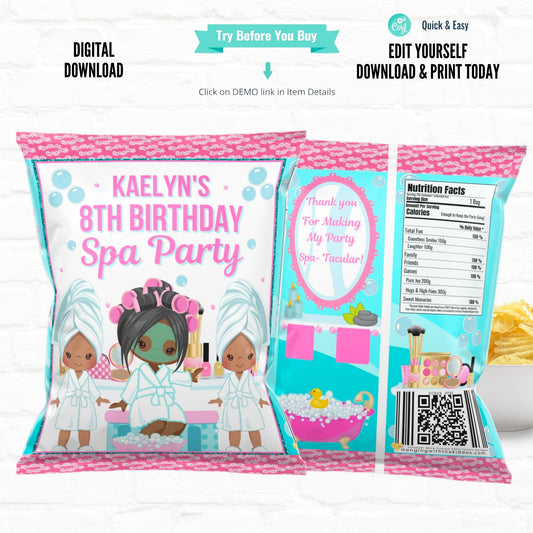 Spa Party Custom Party Favors Personalized Chip Bags| Goodie Bags|Printable File