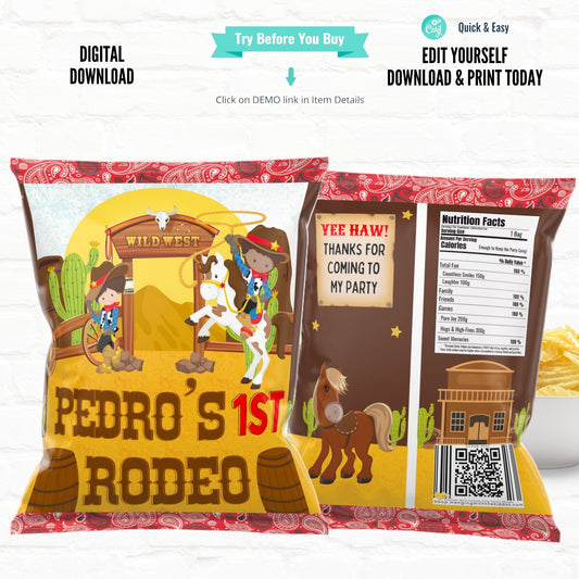 Western Cowboy Personalized Chip Bags| Printable File
