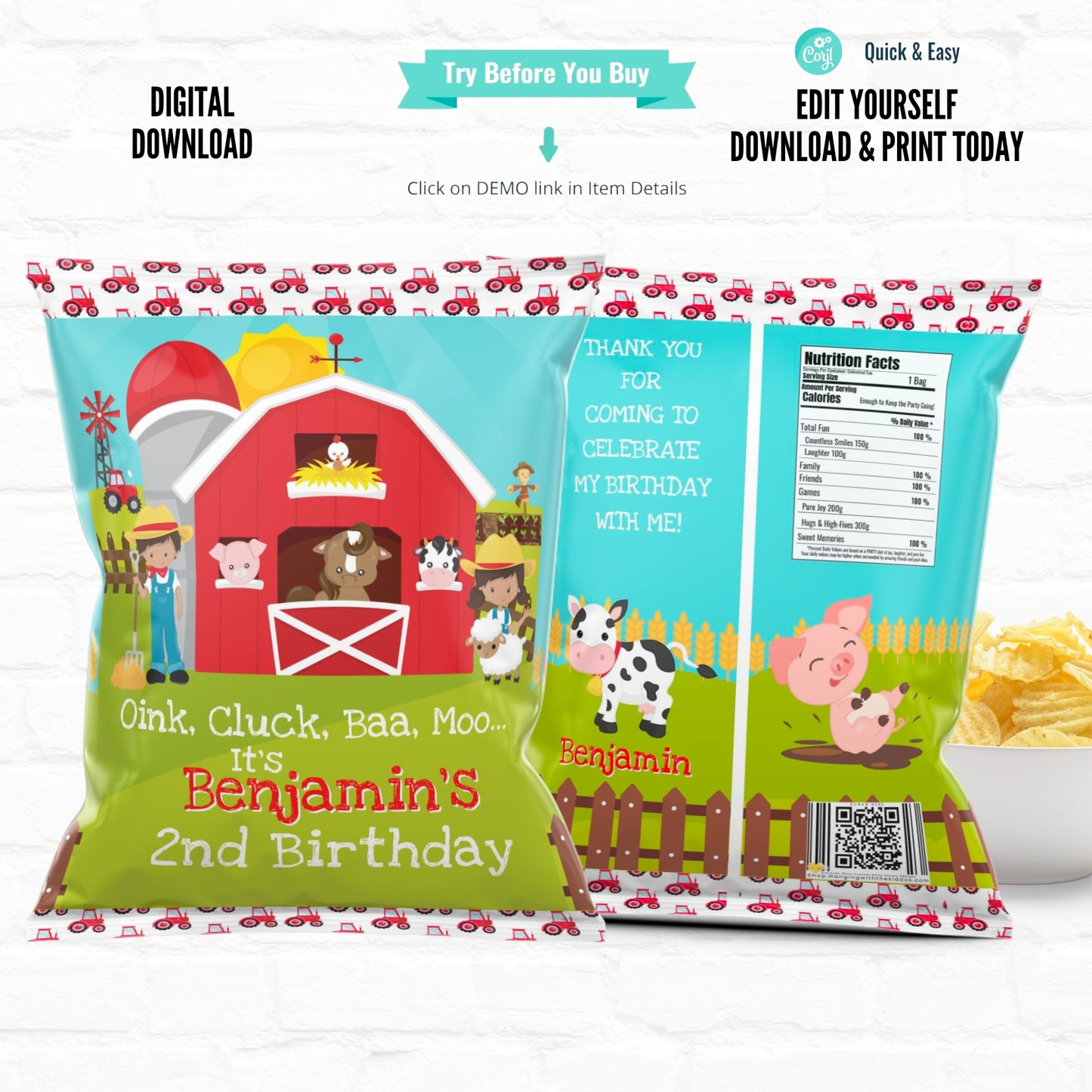 Barnyard Farm Birthday Personalized Chip Bags|Printable File 03