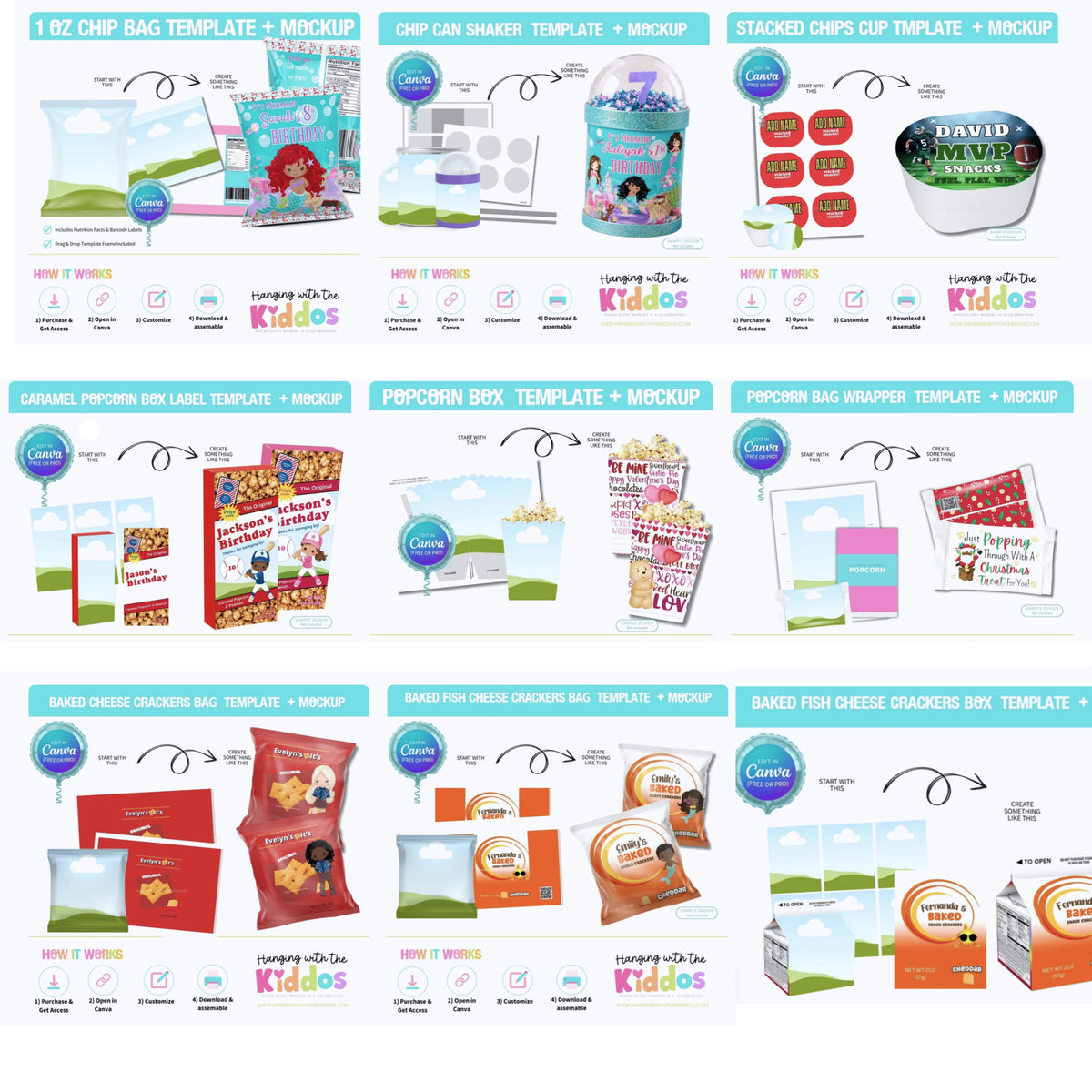 Chip Bag & Popcorn Canva Template Bundle
