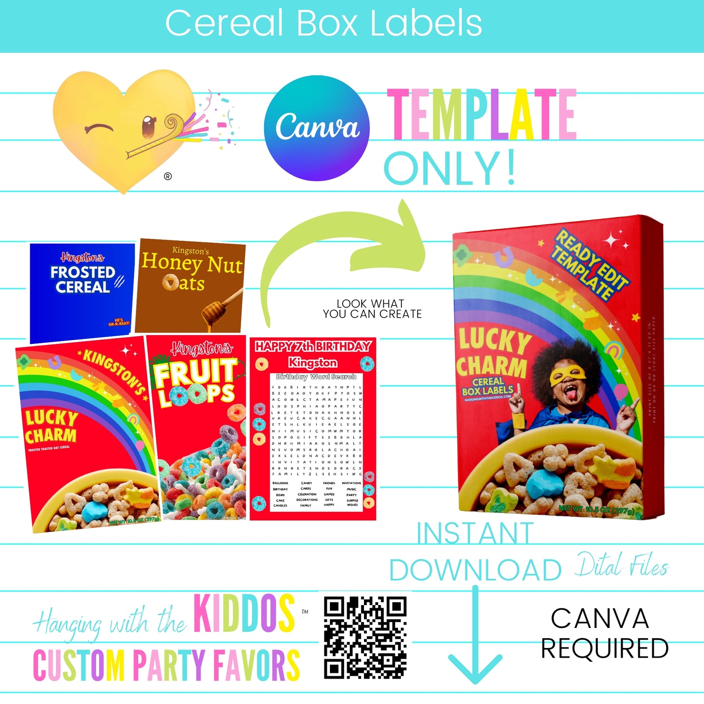 Customizable cereal box labels template for Canva