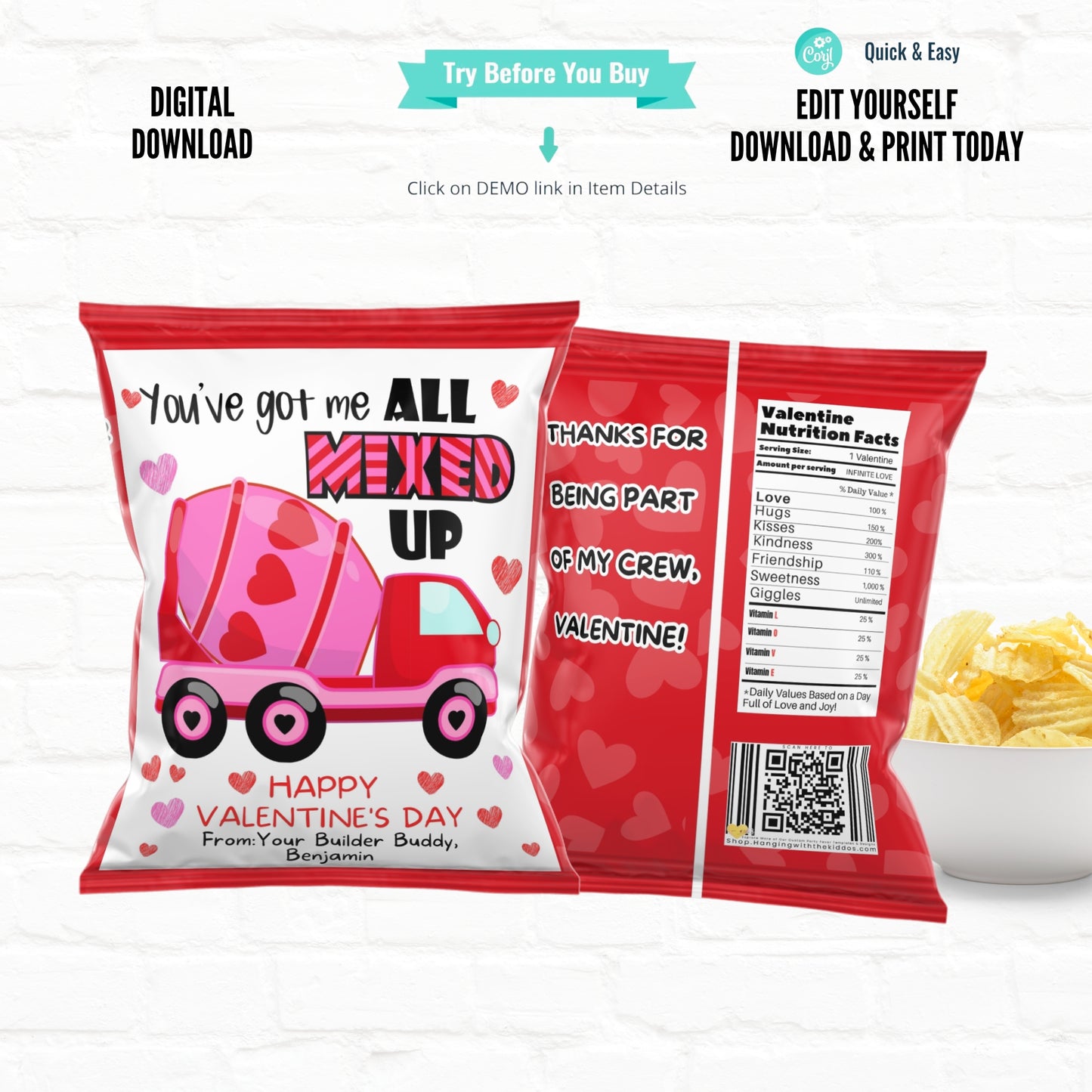 Construction Truck Valentine Chip Bag