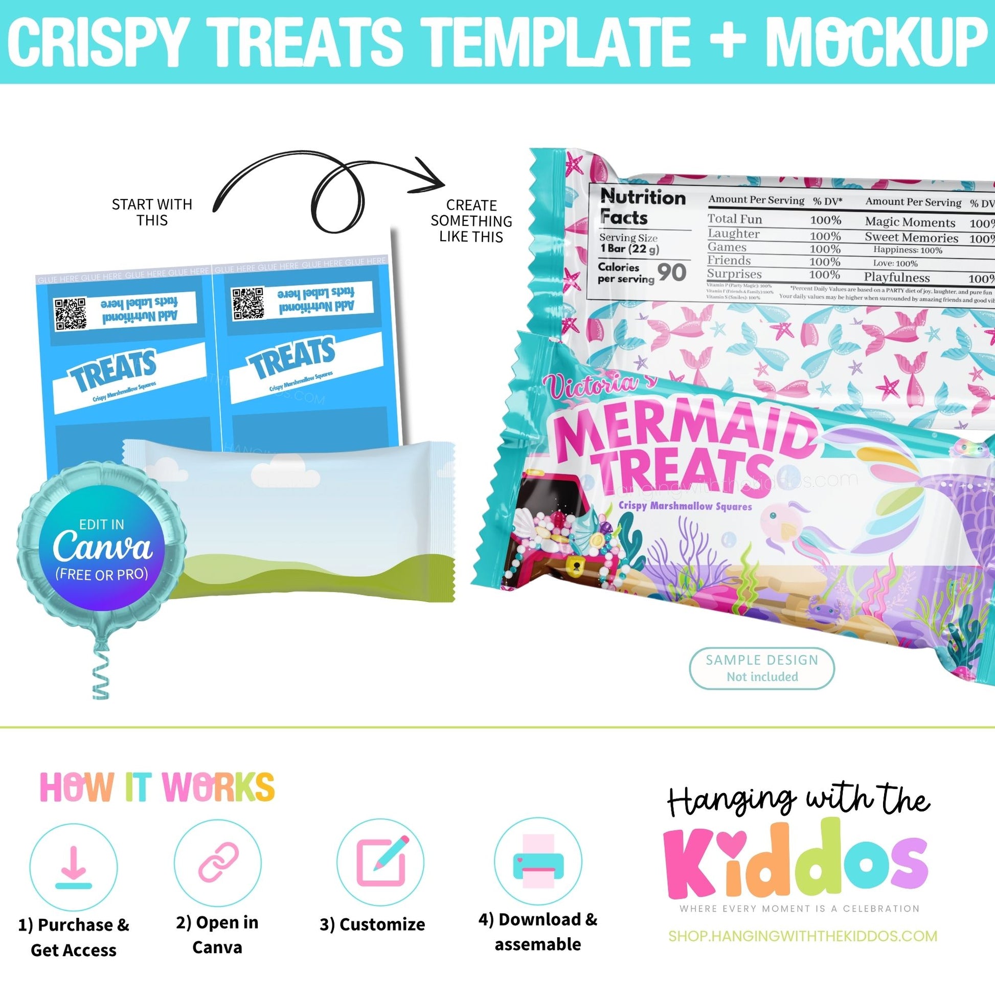 Crispy Treat Wrapper Template – Editable Canva Party Favor Labels + Mockup