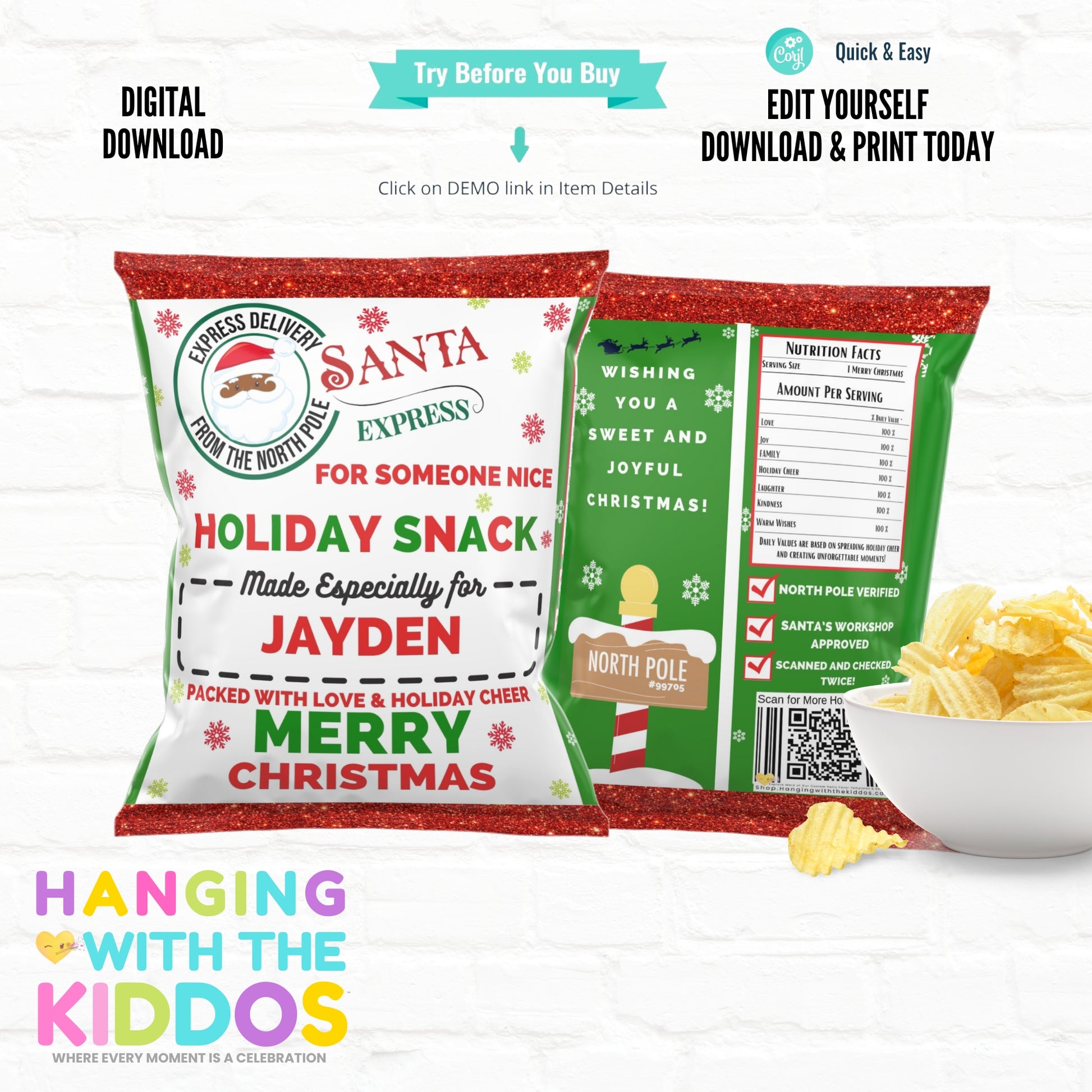 Editable Christmas chip bag template with a festive red and green holiday design. Ideal for personalized snack wrappers and DIY party favors.