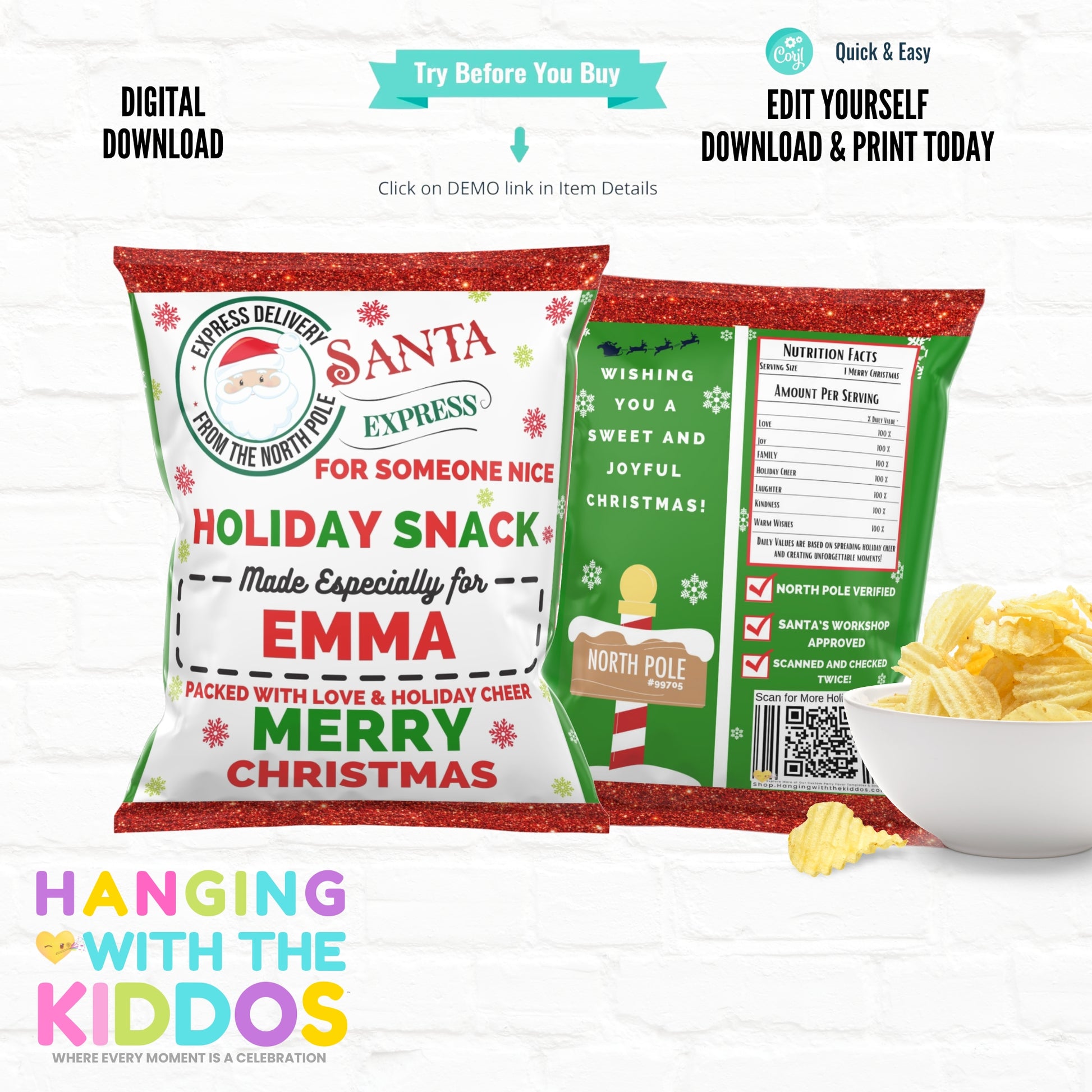 Editable holiday chip bag template featuring a festive Christmas design with North Pole elements, perfect for personalized party favors.