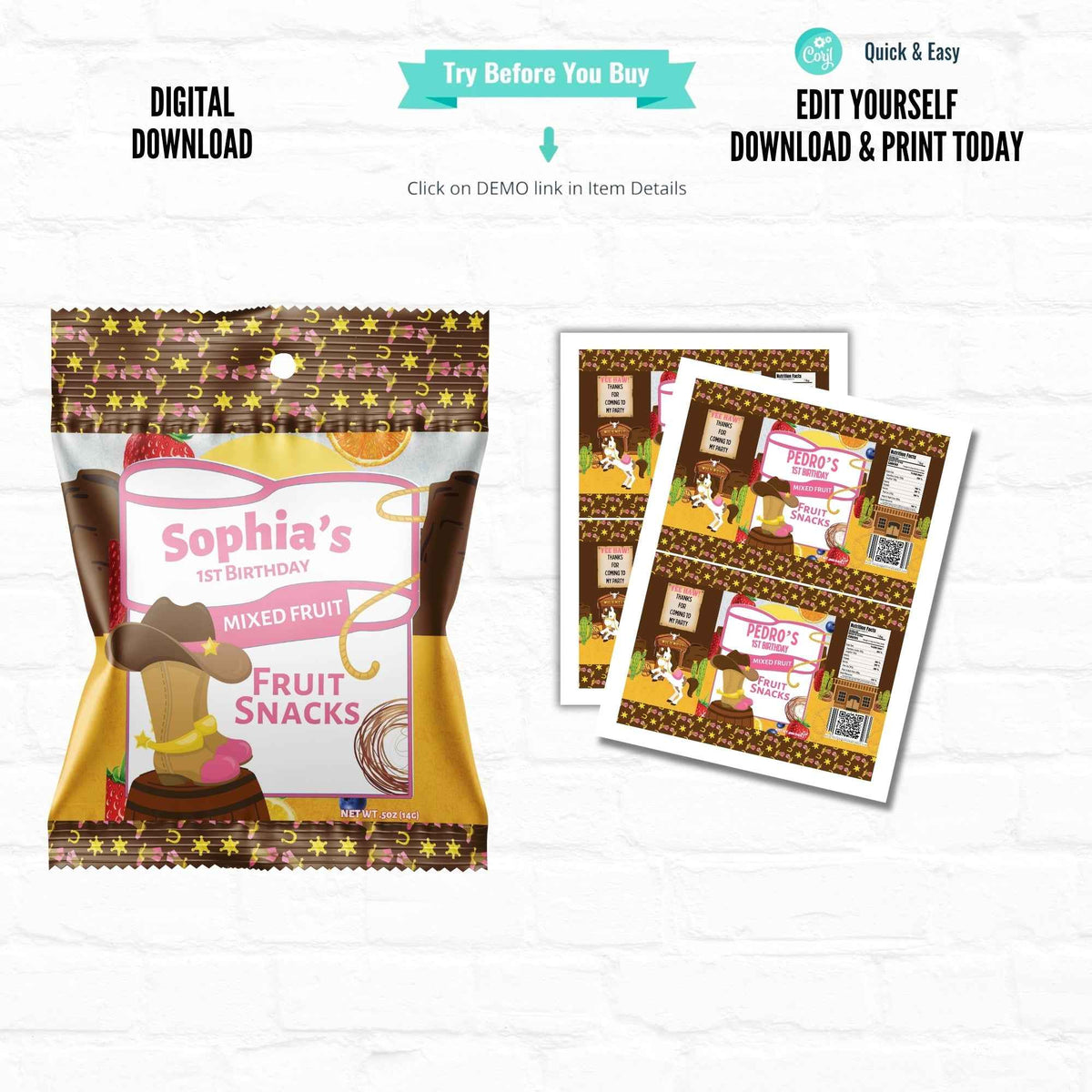 Snacks Rappers Design Western Cowgirl Fruit Snack Wrappers|Printable File – Hanging with the ...