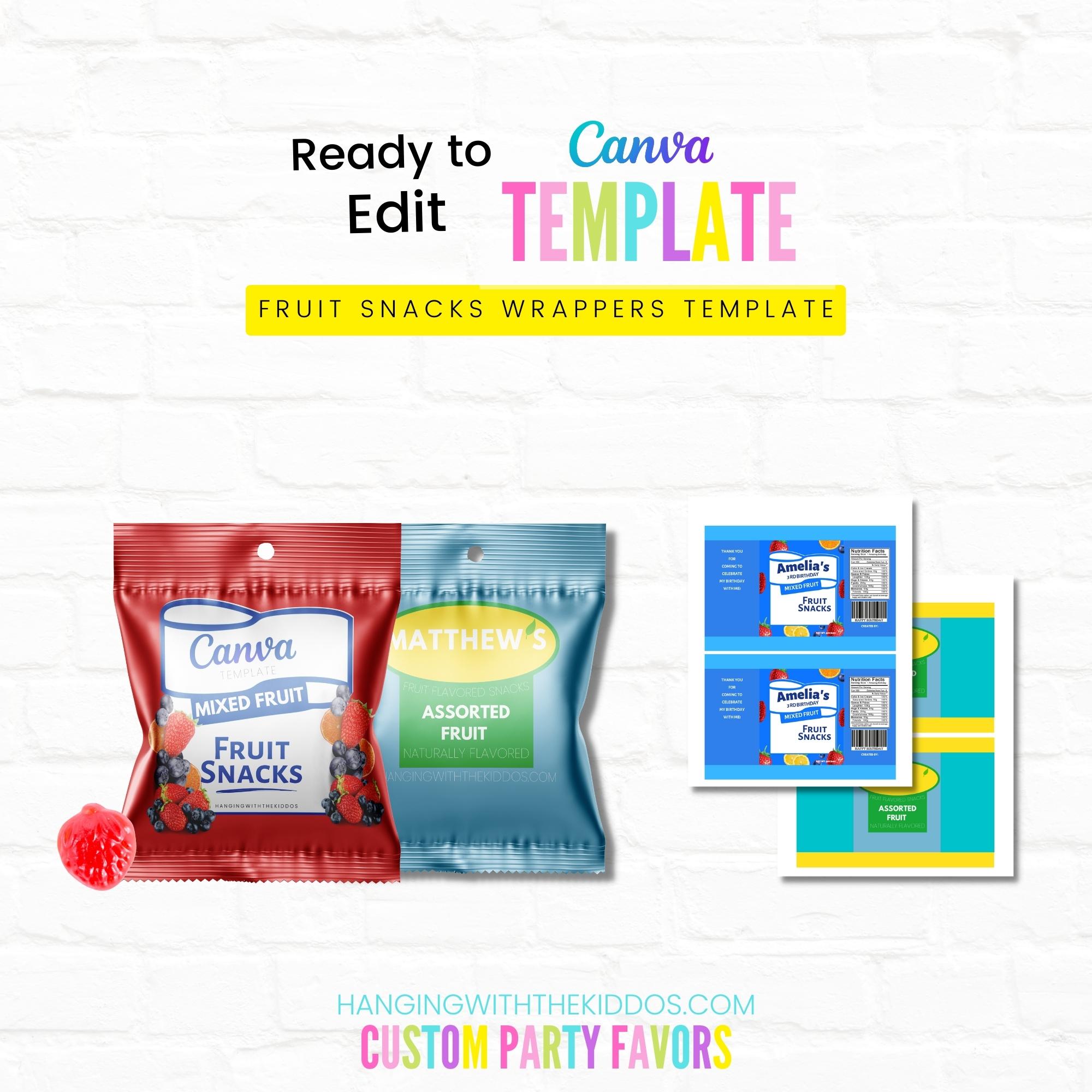 Fruit Snacks Template Customizable Party Favor Wrapper Hanging With