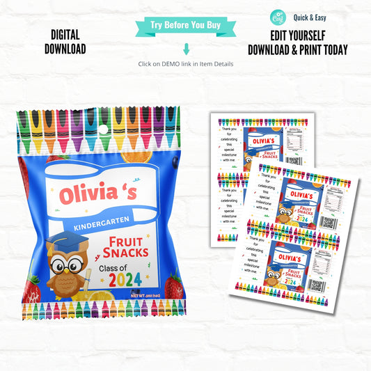 Graduation Party Favors Personalize Fruit Snacks Wrappers|Printable File