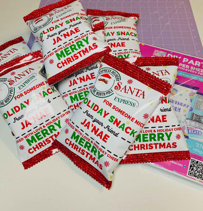 Glossy Chip Bag Paper – DIY Party Favor Sheets used for Christmas-themed snack bags, showcasing festive custom wrappers for holiday celebrations.