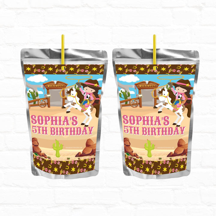 Cowgirl Birthday Personalized Juice Pouch Labels