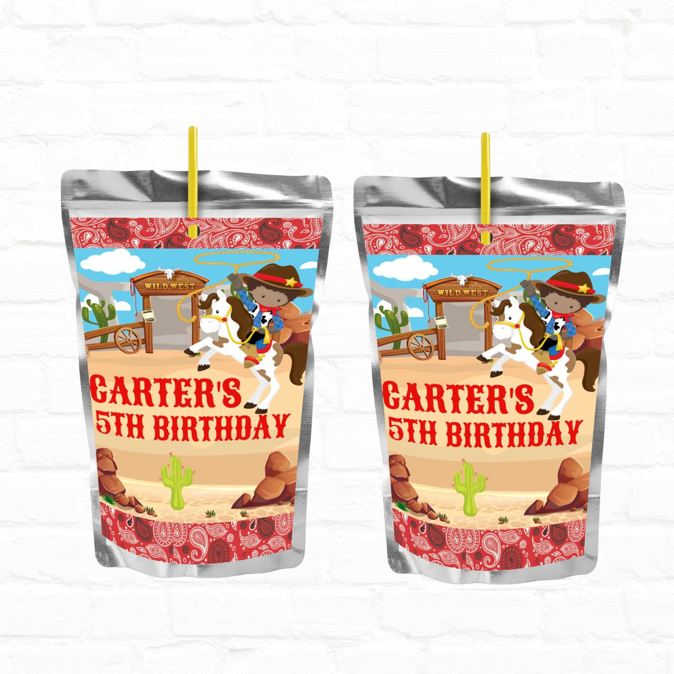 Cowboy Birthday Personalized Juice Pouch Labels