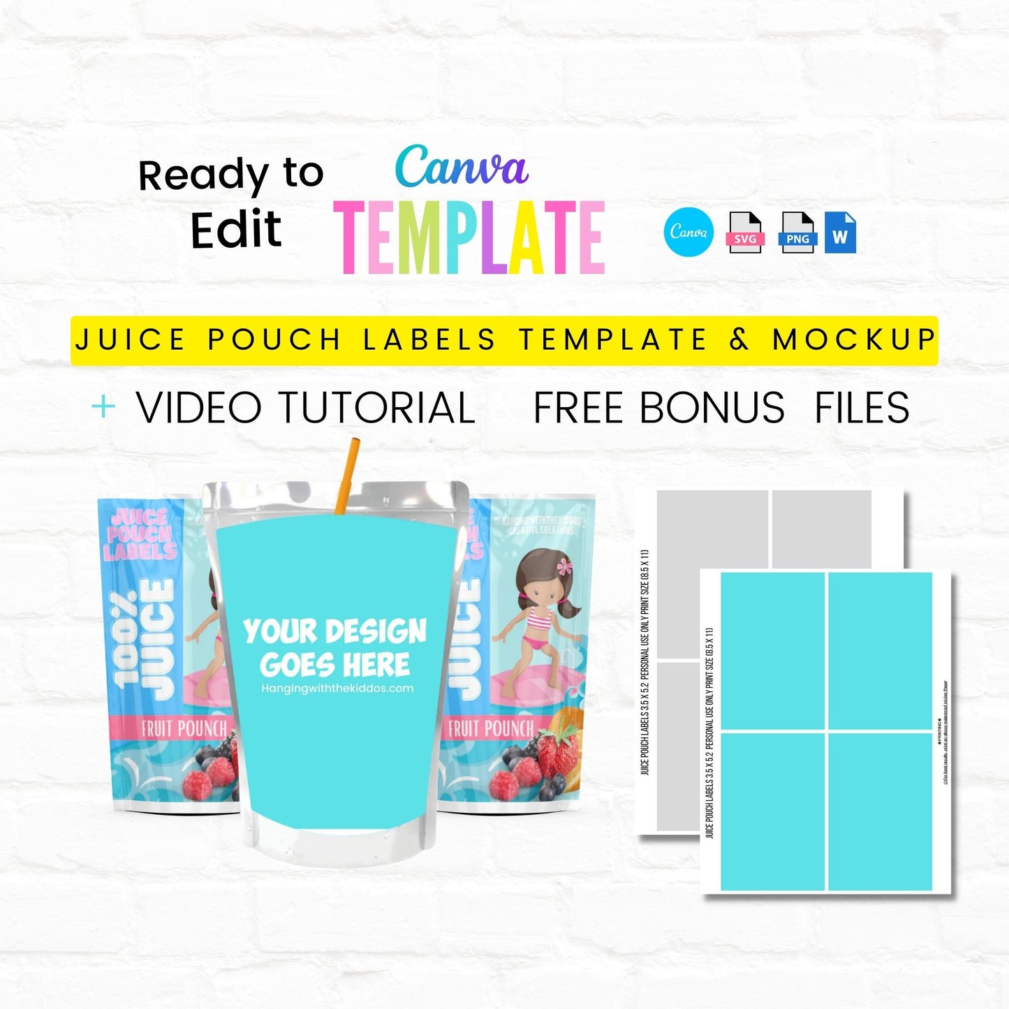 Drink pouches Juice Pouch Labels Template & Mockup