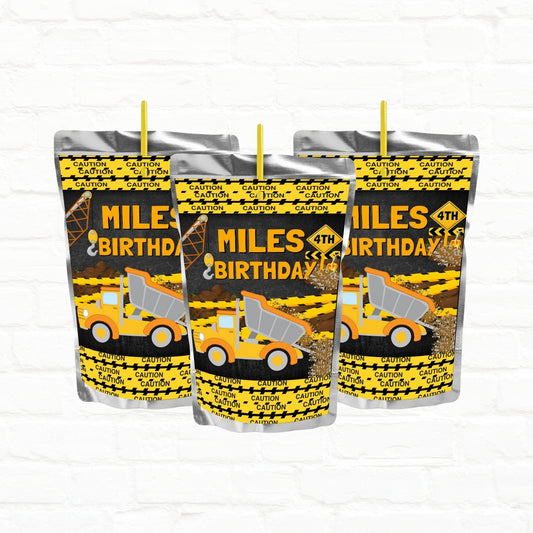Construction Birthday Personalized Juice Pouch Labels|Boys
