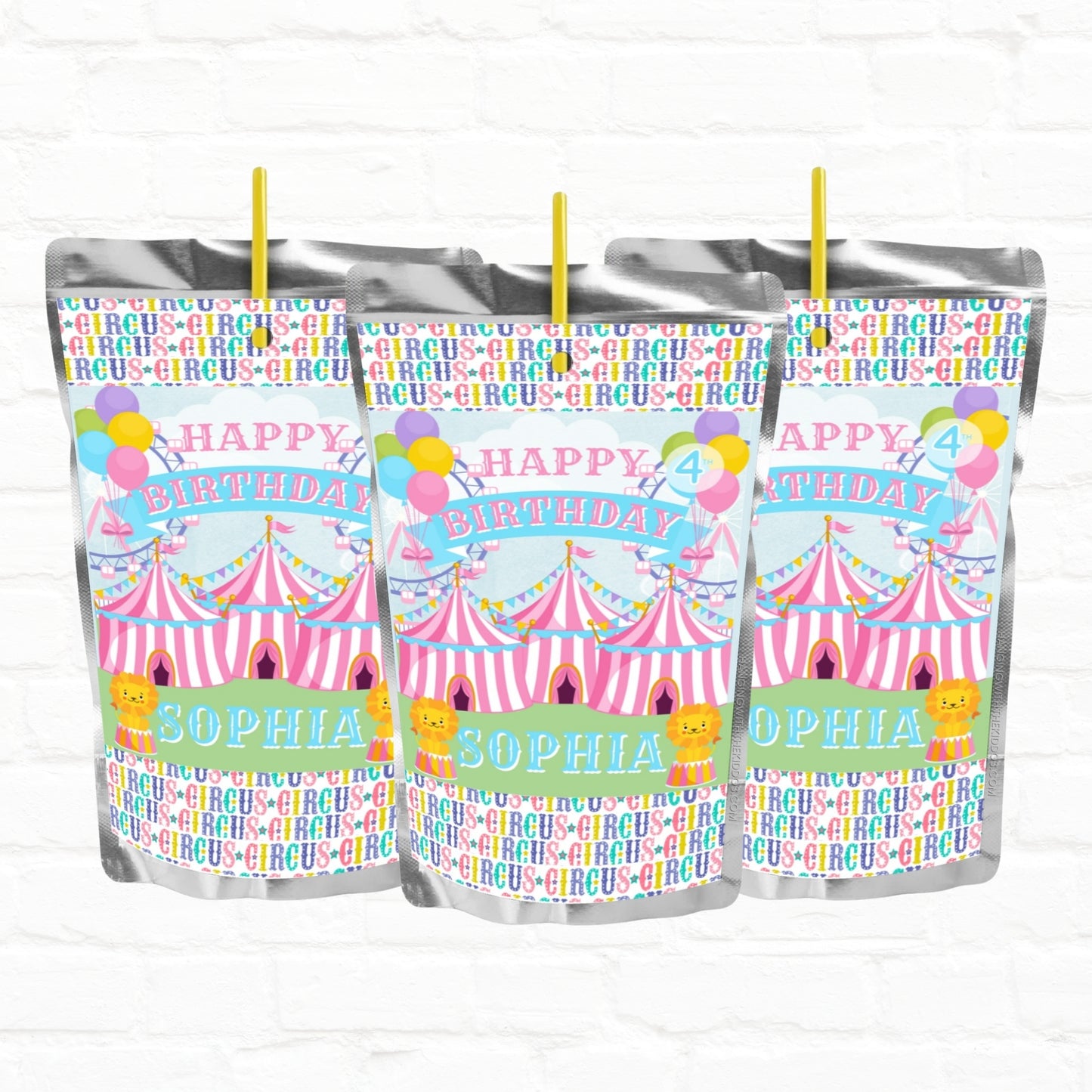 Pink Circus Birthday  Carnival Personalized Juice Pouch Labels