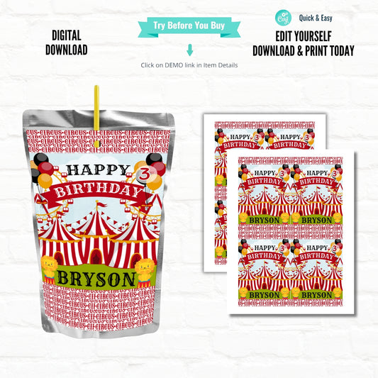 Circus Birthday Personalized Juice Pouch Labels|Printable File