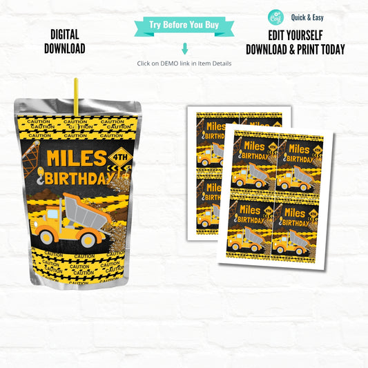 Construction Birthday Party Favor Personalized Juice Pouch Labels|Printable File
