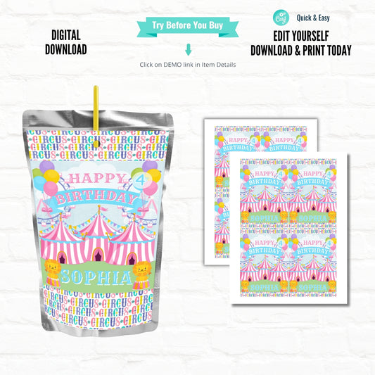 Pink Circus Personalized Juice Pouch Labels|Carnival Party|Printable File
