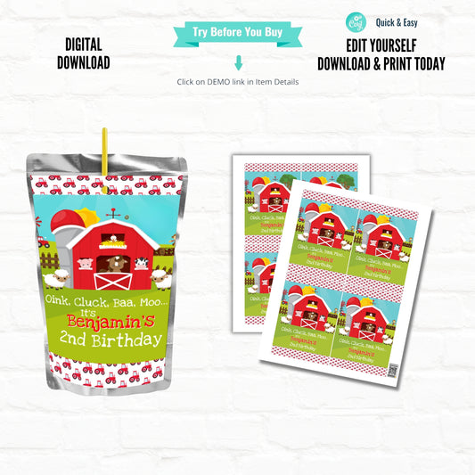 Barnyard Farm Birthday Personalized Juice Pouch Labels|Printable File