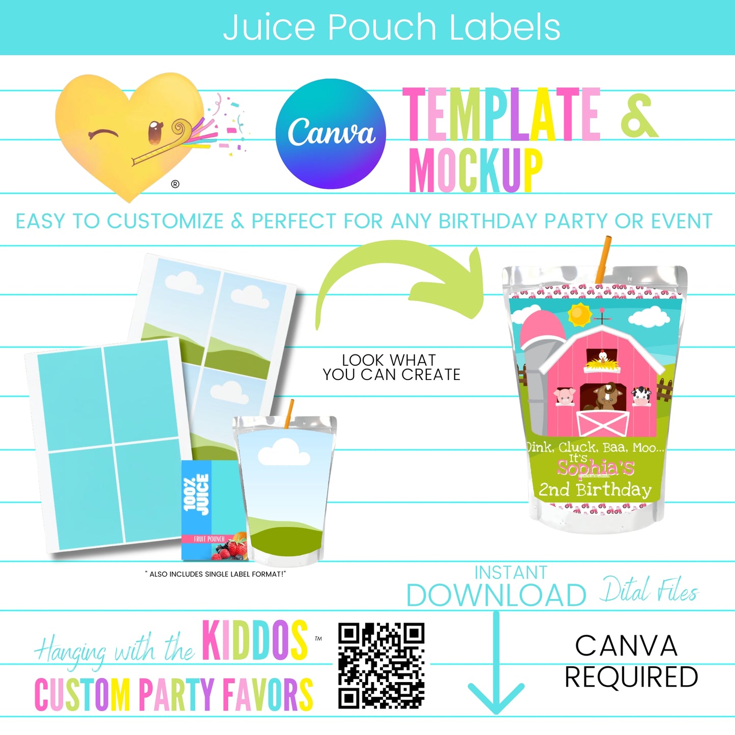 Custom Juice Pouch Labels - Canva Template & Mockup