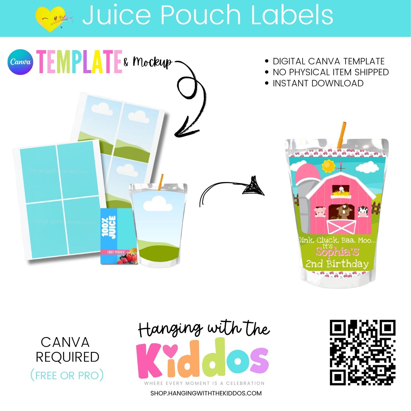 Juice Pouch Labels Template Canva | Editable + Mockup