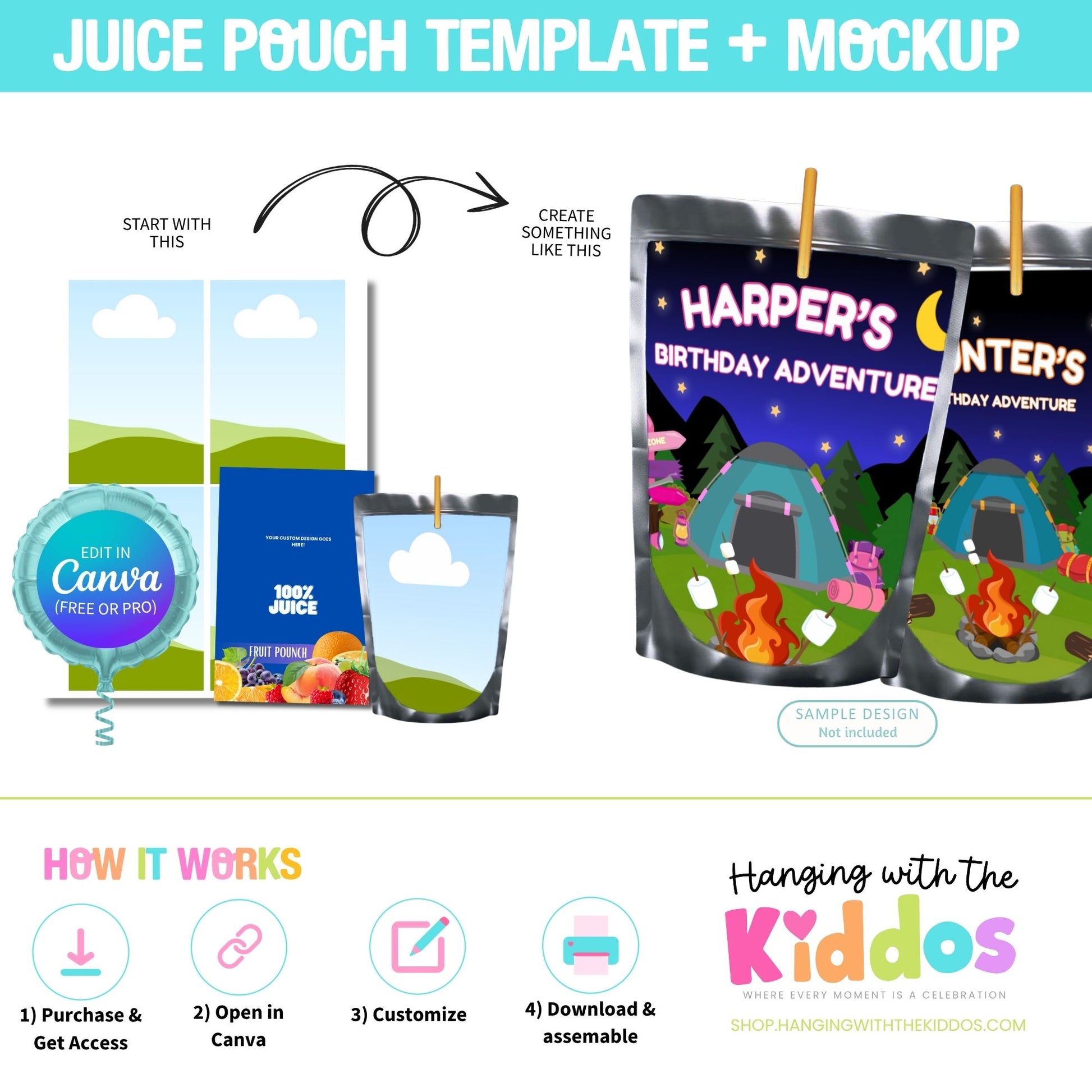 Juice Pouch Labels Template Canva | Editable + Mockup