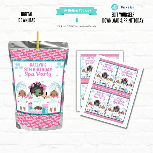 Spa Party Customizable Juice Pouch Labels|Printable File