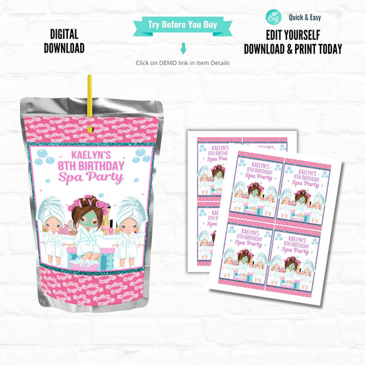 Spa Party Customizable Juice Pouch Labels|Printable File 02