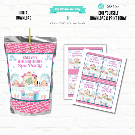 Spa Party Customizable Juice Pouch Labels|Printable File 03