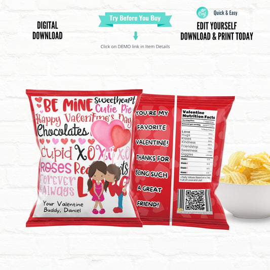 Kids Valentine Chip Bag template  | Love Balloon Party Favor