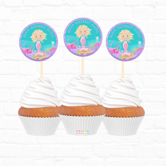 Little Mermaid Party Personalized 2” round Cupcake Toppers 12pc|03