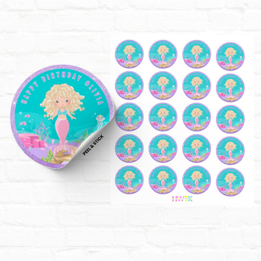 Little Mermaid Party 2" Personalized Round Stickers|03