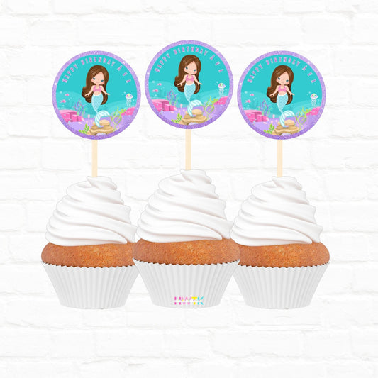 Little Mermaid Party Personalized 2” round Cupcake Toppers 12pc|04