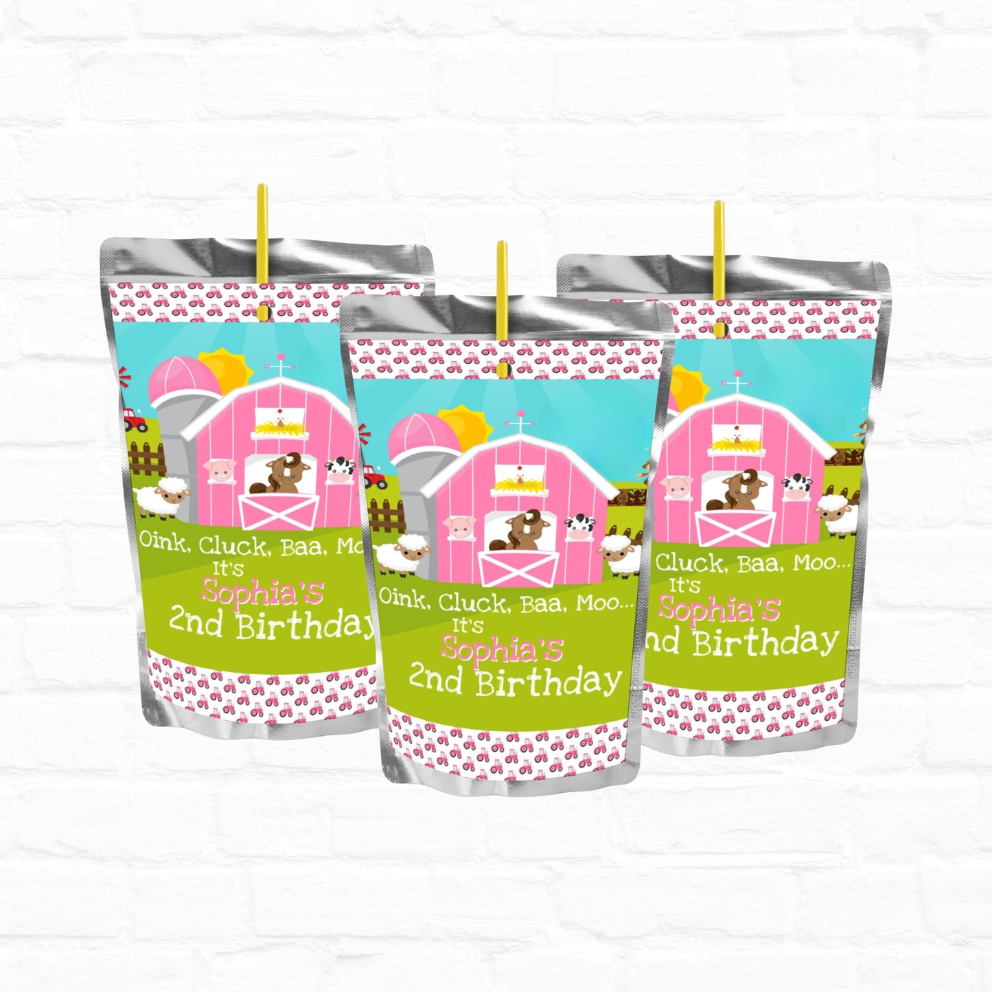 Pink Barnyard Farm Birthday Personalized Juice Pouch Labels
