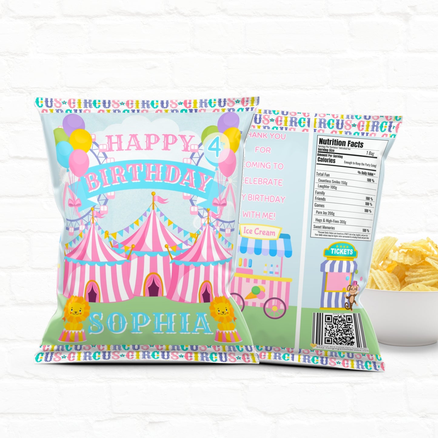 Pink Circus Party Favors Personalized Chip Bag Template |Printable File