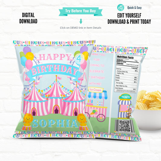 Pink Circus Party Favors Personalized Chip Bag Template |Printable File