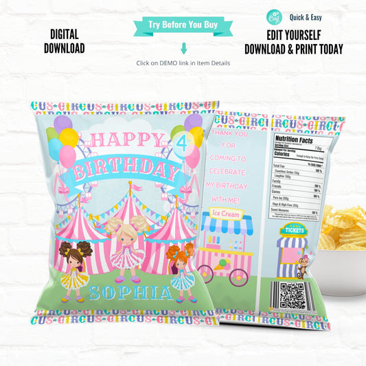 Circus Birthday Pastel Carnival Personalized Chip Bags| Printable File 02