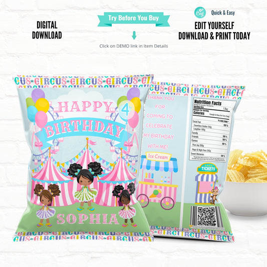 Circus Birthday Pastel Carnival Personalized Chip Bags|Printable File 01