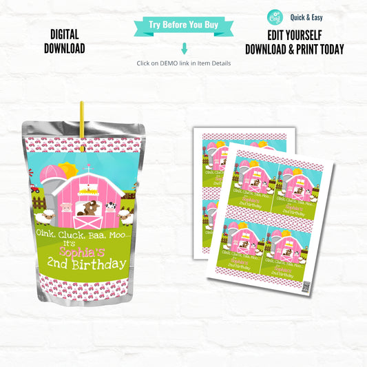 Girl Barnyard Farm Birthday Personalized Juice Pouch Labels|Printable File