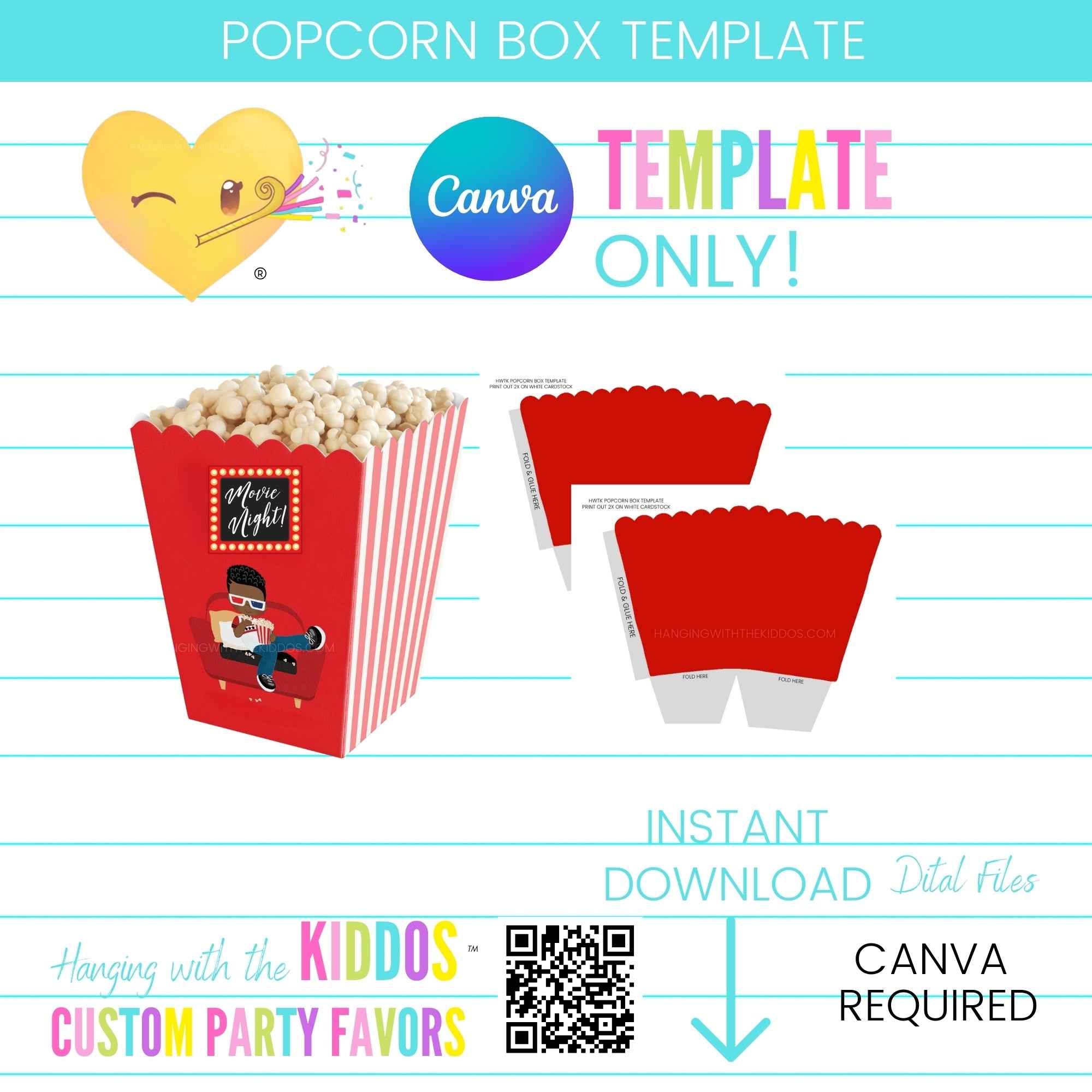 Customizable Popcorn Box Template for Canva Hanging with the Kiddos