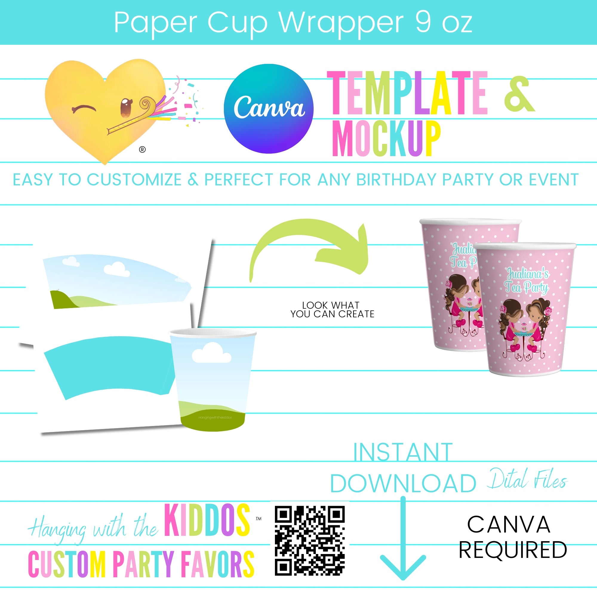 Custom 9 oz Paper Cup Wrapper Template & Mockup – Perfect for Parties ...