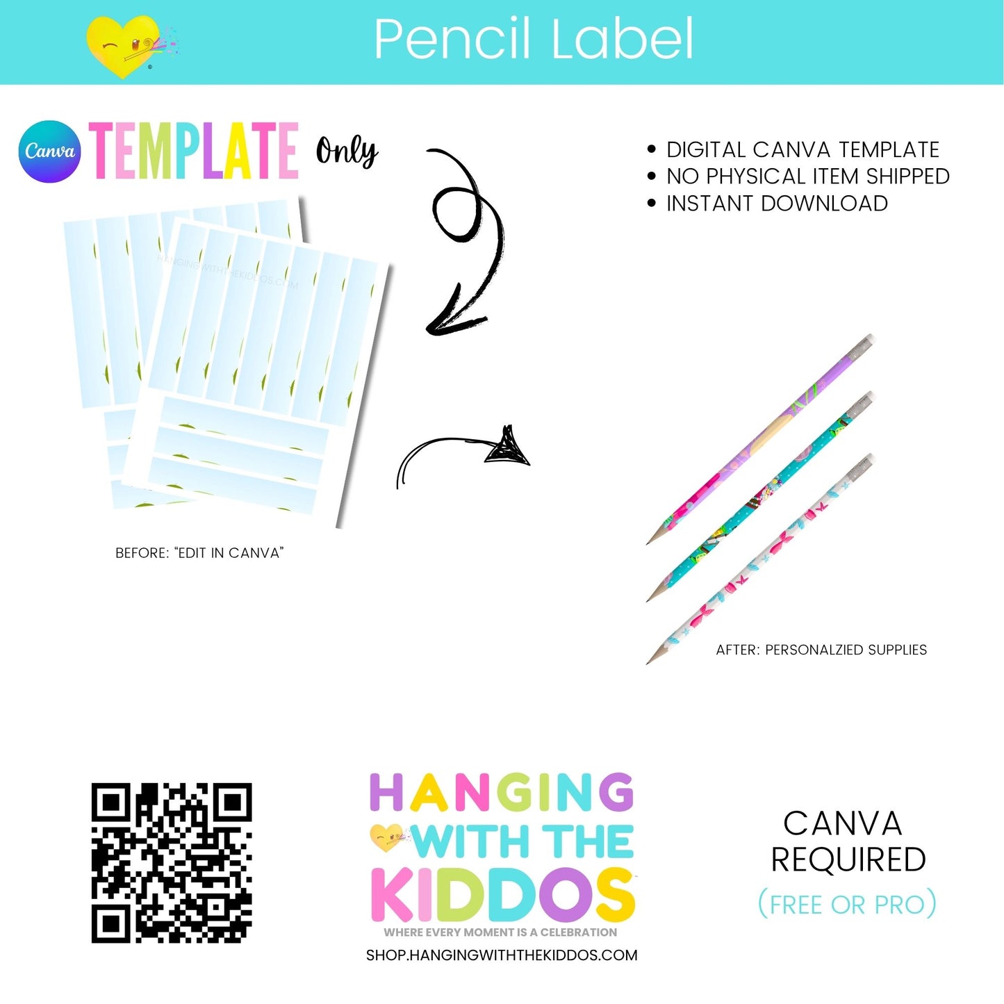 Pencil label template with Canva branding and product details on a white background.