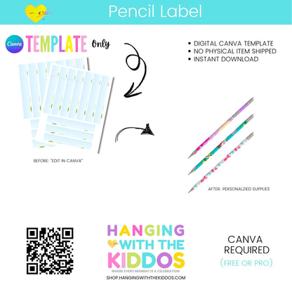 Pencil label template with Canva branding and product details on a white background.
