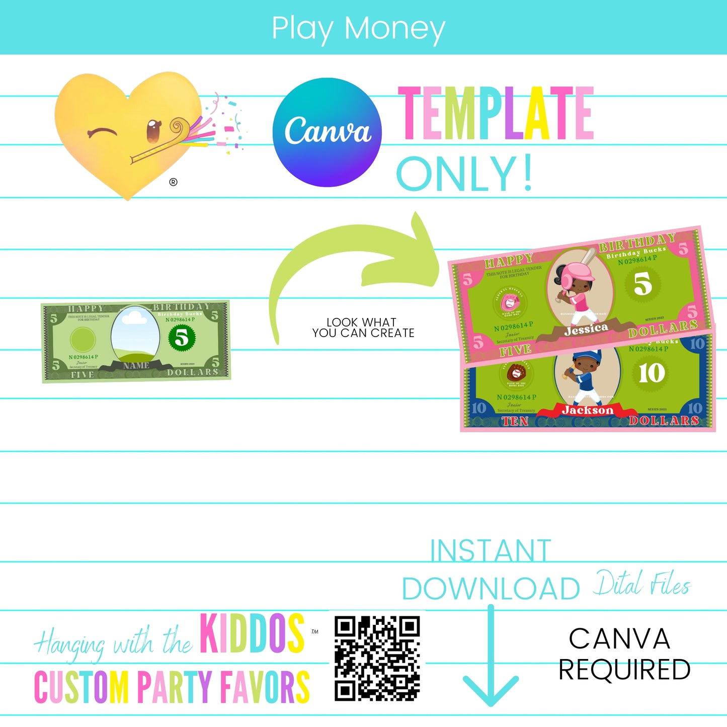 Play money Canva template showcasing customizable, colorful play money designs ideal for birthdays, Christmas, and special celebrations, with a realistic 6.14 x 2.6-inch size matching US dollars.