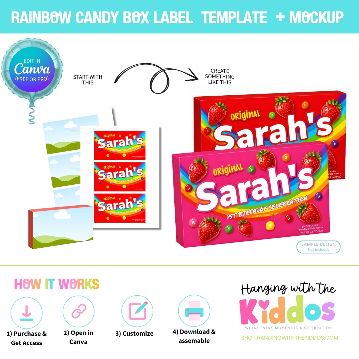 Rainbow Candy Box Label Template Canva | Editable + Mockup
