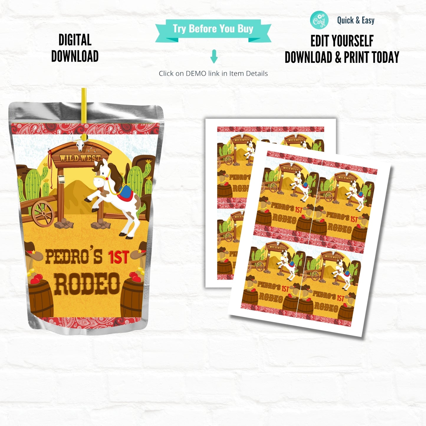 Western Cowboy Party  Personalized Juice Pouch Labels | Printable File