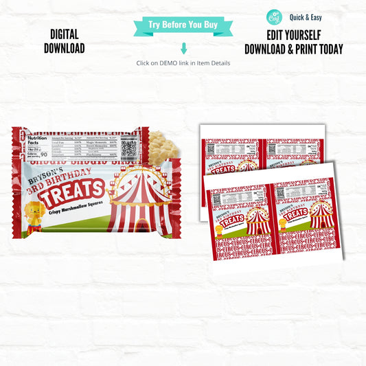 Circus Birthday Personalized Rice Krispy Treats Wrappers|Printable File