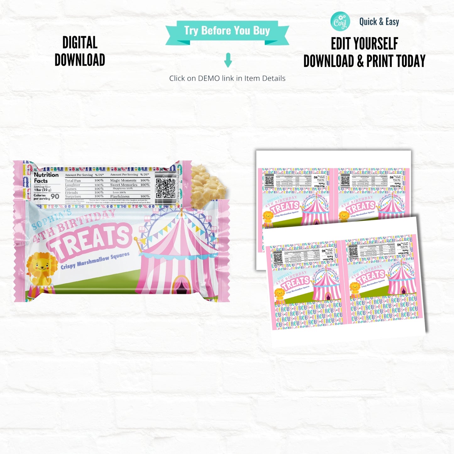 Personalized Pastel Carnival Circus Birthday Party Favors Rice Krispy Treats Printable File